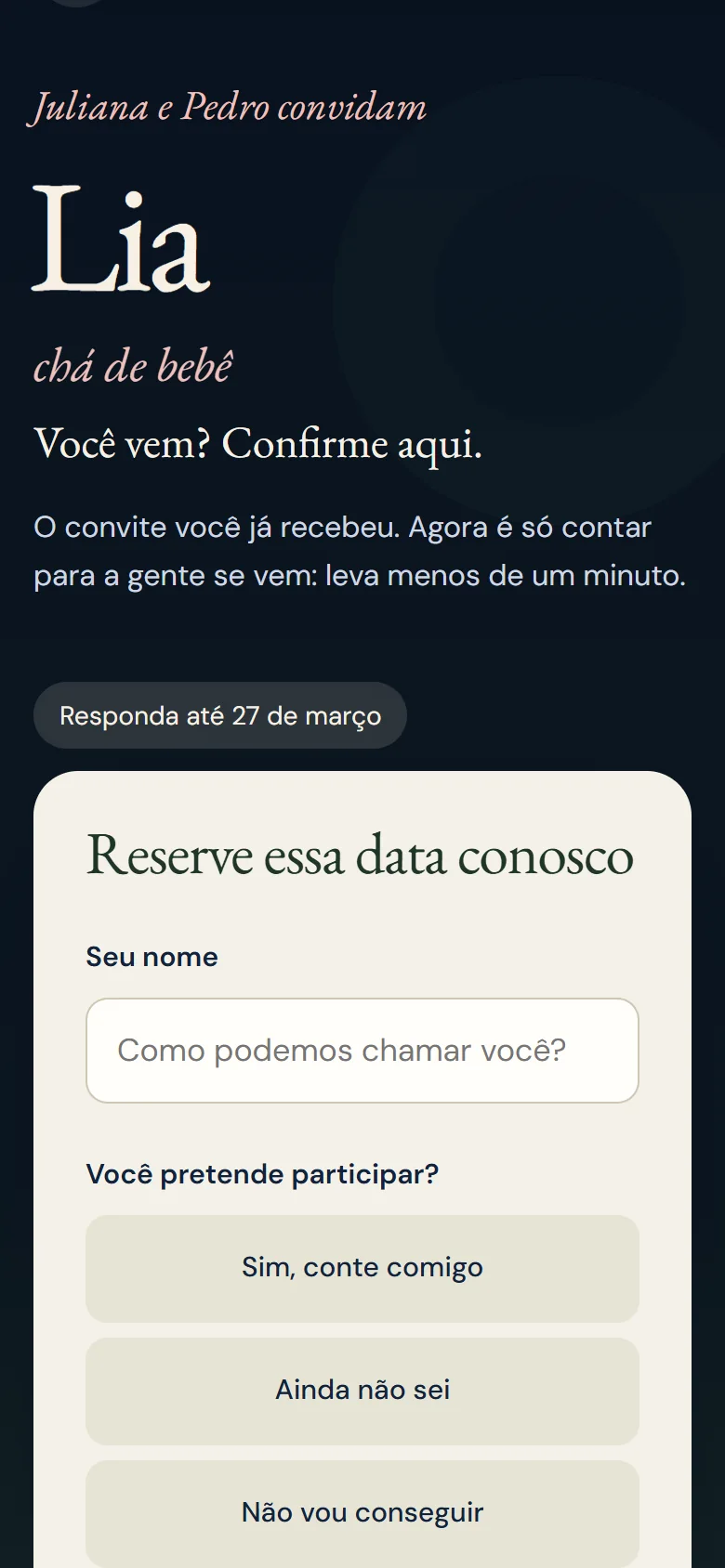 Exemplo de formulário de presença do chá de bebê da Lia