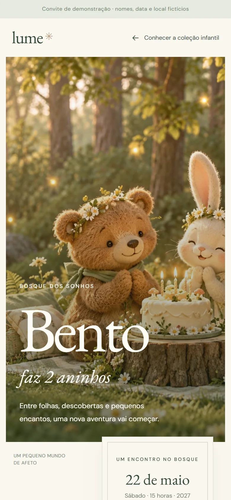 Convite infantil de demonstração de Bento, Bosque dos Sonhos
